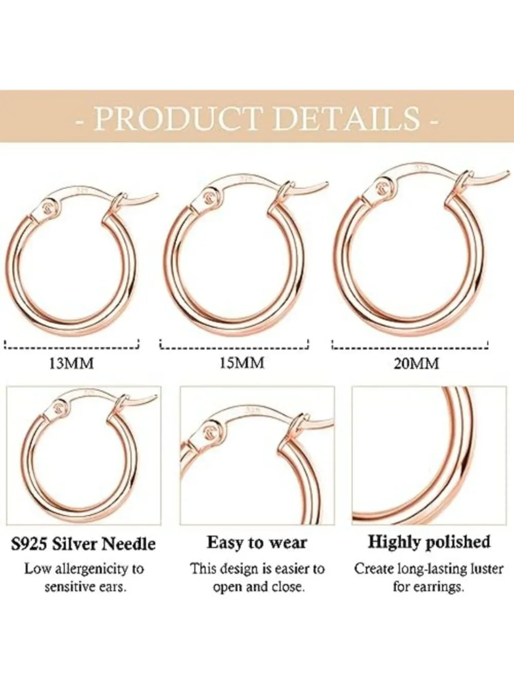 3 Pairs Sterling Silver Hoop Earrings | Small White Gold Plated for Women